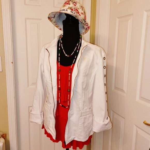 OSO Casuals White DENIM Spring Bomber Jacket w/ Metal Rings XL Orig $120+Tax NWD - Picture 11 of 11